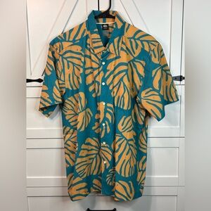 Men’s Quiksilver Teal and Mustard Tropical Leaf Short-Sleeve Button-Up